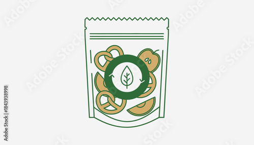 A transparent compostable pouch containing snacks showcasing the product within while emphasizing the biodegradable material on the label.