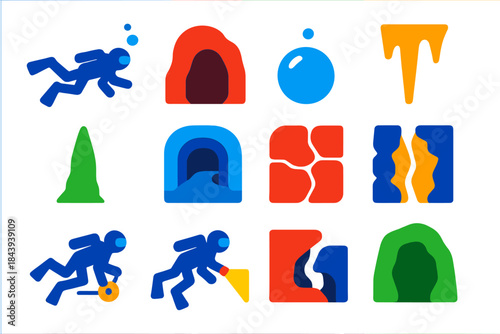 Cave Diving Icons. Flat vector icons of Cave Diving Exploration: diver silhouette, cave entrance, air bubble, stalactite,
