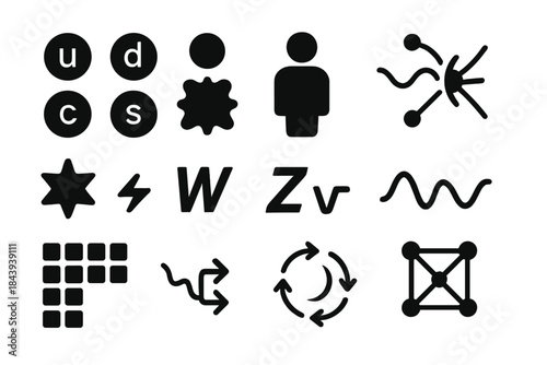 Particle Physics Icons. Solid style icons of Standard Model: quark icons, lepton family, Higgs boson symbol, gluon star, W and Z