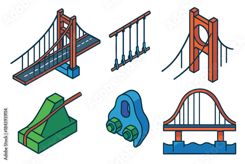Vibrant Bridge Icons. Isometric vector illustration set Suspension Bridge Design: suspension cables, tall pylons, deck platform,