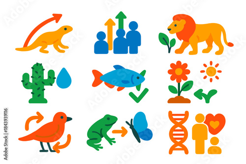 Evolutionary Adaptations Icons. sometric vector illustration set Apparent purposefulness in organisms: evolutionary adaptations,