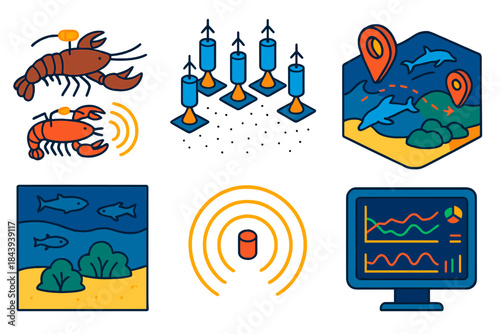 Marine Tracking Icons. Isometric vector illustration set Acoustic telemetry: tagged crustaceans, underwater receiver arrays,