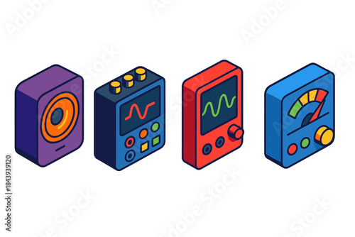 Audio Hacking Devices. Isometric vector illustration set Audio Hacking Devices: Tone playback speaker, mini analog oscillator,