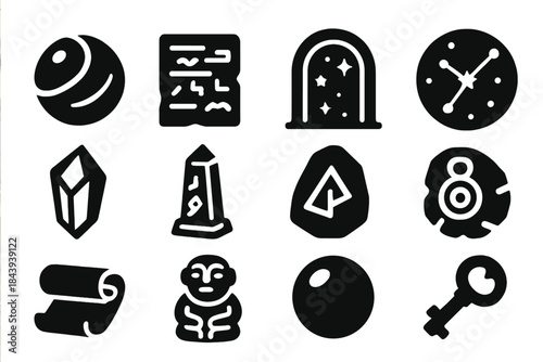 Cosmic Mysteries Icons. Solid style icons of Cosmic Mysteries: Orb, Ancient Script, Portal, Star Map, Crystal, Obelisk, Rune,