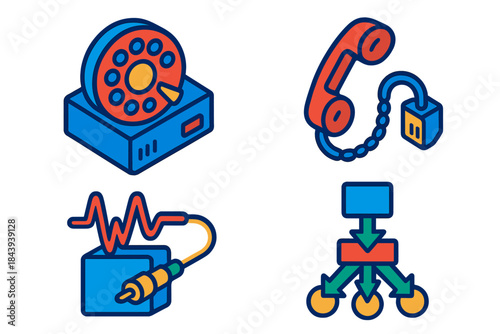 Blue Box Operation Steps. Isometric vector illustration set Blue Box Operation Steps: Frequency dial layout, phone line connection