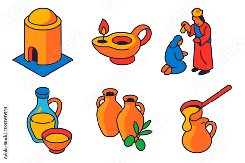 Ancient Oil Icons. Isometric vector illustration set Oleology: ancient oil storage, lamp oils, ceremonial anointing rituals,