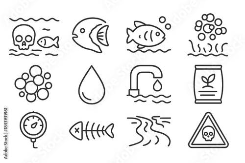 Water Pollution Icons. Line style icons of Water Contamination: Dead Zone, Fish Gill, Hypoxia, Eutrophication; Algae Cluster,