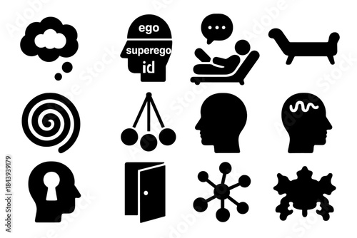 Icons of Psychoanalysis. Solid style icons of Psychoanalysis: Dream Symbol, Id Ego Superego, Talking Patient, Therapist Chair,