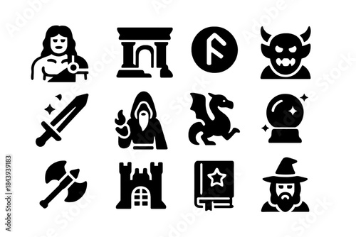 Sword & Sorcery Icons. Solid style icons of Sword & Sorcery: Barbarian, Ancient Ruin, Magic Rune, Monster, Enchanted Sword,