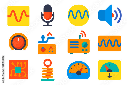 Analog Communication Icons. Flat vector icons of Analog Communication: waveform diagram, microphone input, carrier wave,