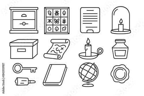 Collector's Cabinet Icons. Line style icons of collector’s cabinet: wooden drawer, specimen case, catalog card, glass dome;