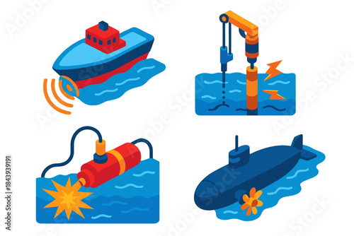 Underwater Noise Sources. Isometric vector illustration set Underwater Noise Sources: Ship sonar pulse wave, underwater