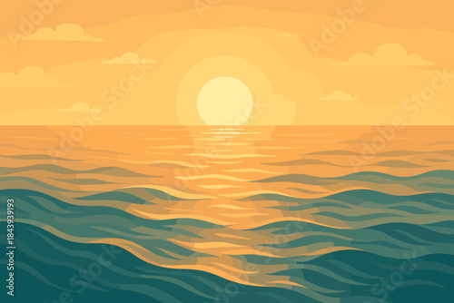 Sunrise Over Calm Ocean. Scenic shot of calm ocean waves at sunrise, warm golden light reflecting on the water, tranquil and