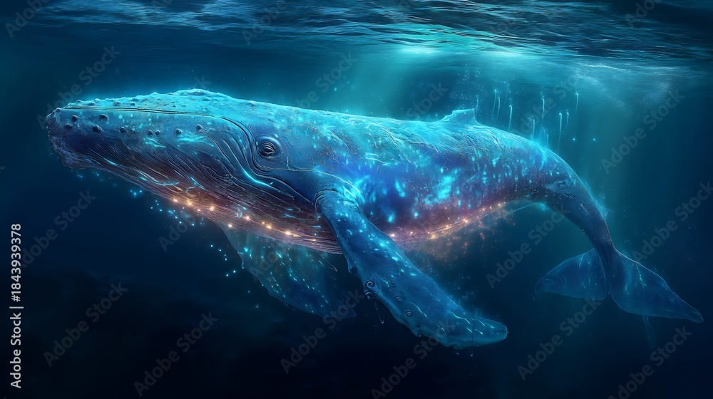 Fototapeta premium Glowing Blue Whale Swimming Underwater with Bioluminescent Lights
