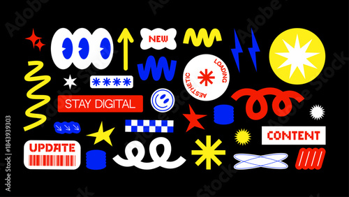 Modern Y2K future-themed text stickers for creators, online platforms and visual content design. Futuristic Y2K patches, labels, tags, stickers, and bracelet stamps with a retro vibe. 
