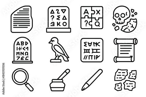 Ancient Script Icons. Line style icons of Ancient Scripts: Rosetta Stone, Undeciphered Script, Linguistic Puzzle, Cultural Loss;
