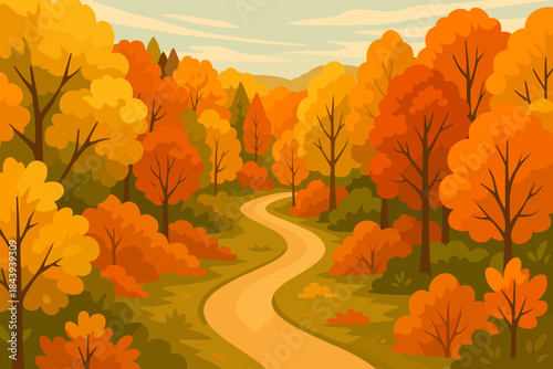 Autumn Forest Path. Scenic aerial vector illustration view of a winding forest path surrounded by vibrant autumn foliage, warm