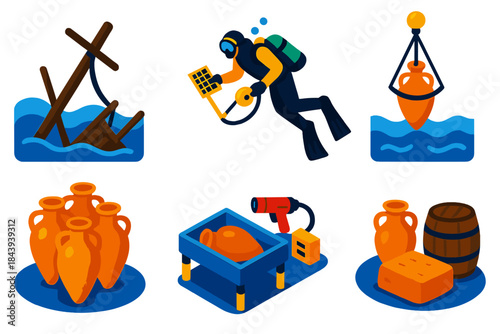 Nautical Archaeology Icons. Isometric vector illustration set Nautical archaeology: submerged masts, divers with measuring tools,