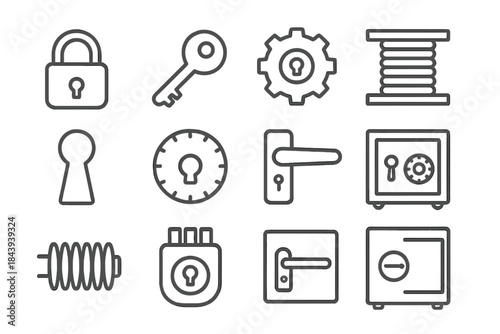 Lock Mechanism Icons. Line style icons of Lock Mechanics: Tumbler, Key, Mechanism, Security; Padlock, Gear, Spring, Cylinder;