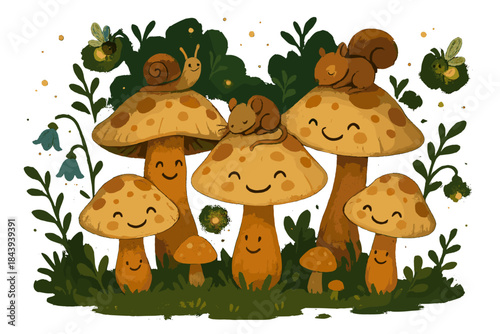 Magical Mushroom Wonderland. Enchanted mushroom forest with smiling fungi, playful fireflies, and tiny woodland creatures resting