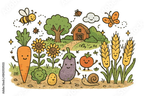 Whimsical Agroecology Fantasy. Whimsical doodle agroecology farm with smiling crops, cartoon vegetables and grains waving,