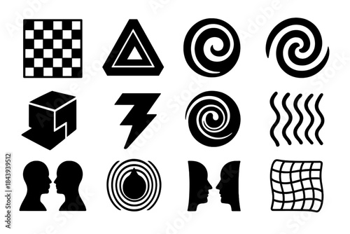 Optical Illusion Icons. Solid style icons of Optical Illusions: Checkerboard, Impossible Triangle, Spinning Disk, Swirl, Cube