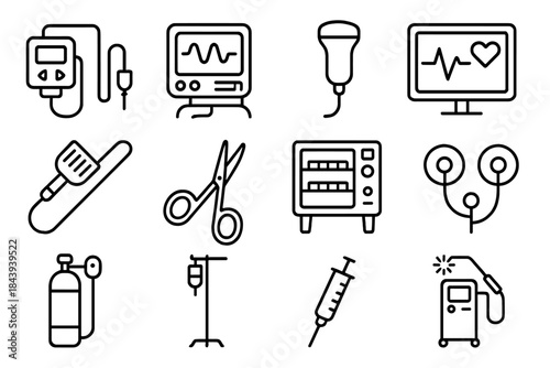 Medical Device Icons. Line style icons of medical treatment devices: infusion pump, ventilator, ultrasound probe, monitoring