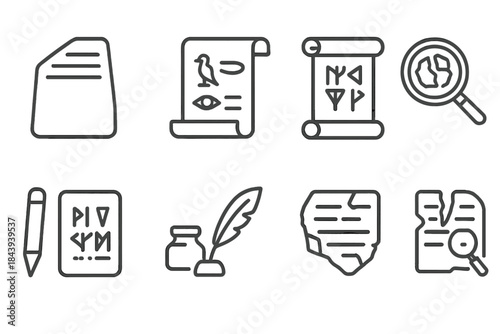 Ancient Language Icons. Line style icons of Ancient Translation: Rosetta Stone, Undeciphered Script, Linguistic Puzzle, Cultural