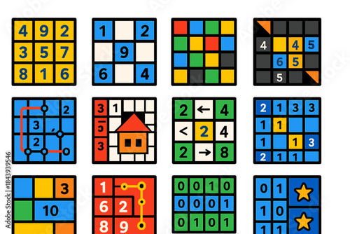 Colorful Math Puzzle Icons. Flat vector icons of recreational math puzzles: magic square, number crossword, Latin square, Kakuro