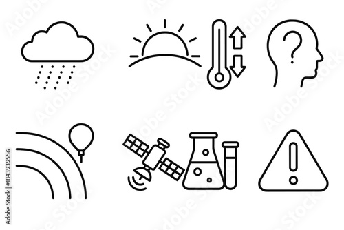 Climate Intervention Icons. Line style icons of Climate Intervention: Aerosol Injection, Solar Shield, Temperature Control,