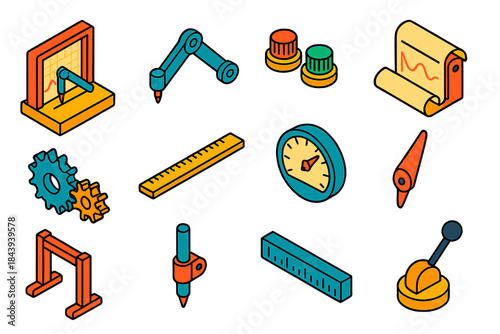 Isometric Analog Graph Plotter. Isometric vector illustration set Computing: Analog Graph Plotter, Drawing Arm, Input Knobs,