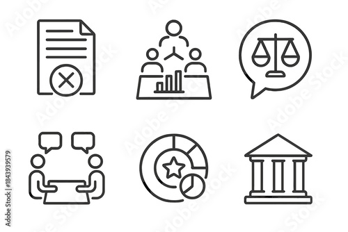 Science Icon Set. Line style icons of Scientific Community Response: retraction notice icon, replication study group, ethics forum