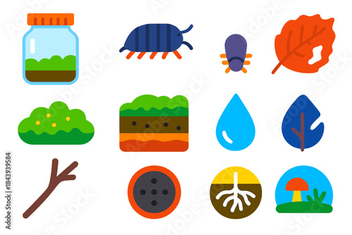 Vivarium Ecosystem Icons. Flat vector icons of Vivarium Ecosystem: closed glass jar, isopod crawling, springtail insect, decaying