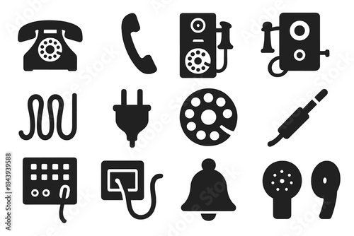 Vintage Telephone Icons. Solid style icons of Vintage Telephony: Rotary Phone, Handset, Crank Phone, Wall Box, Cord, Plug, Dial