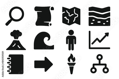Scientific Myth Interpretation. Solid style icons of interpreting myths scientifically: magnifying glass, scroll, map, rock layers