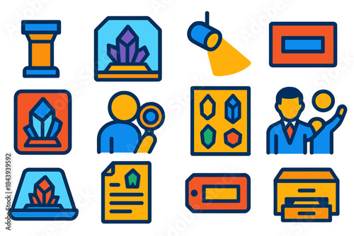 Museum Icon Collection. Flat vector icons of Museum Mineralogy: display pedestal, crystal case, museum spotlight, labeled card,
