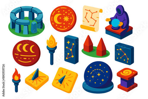 Ancient Astronomy Icons. Isometric vector illustration set Ancient Astronomy: stone circle structure, eclipse forecast plate, hand