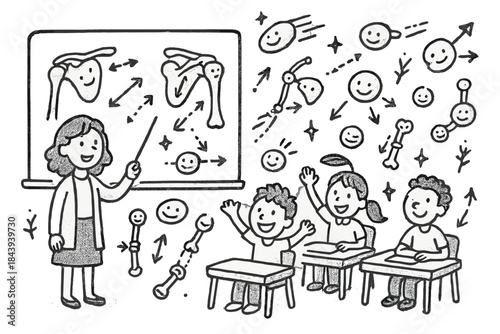 Whimsical Biomechanics Classroom. Whimsical doodle biomechanics classroom with happy students, cartoon shoulder skeletons floating