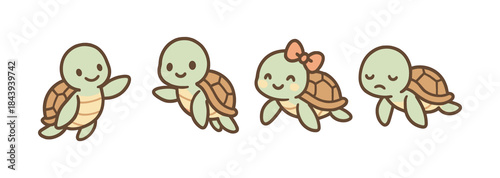 Cute kawaii turtles with different expressions