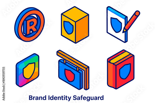 Brand Identity Icons. Isometric vector illustration set Brand Identity Safeguard: registered ® symbol, product packaging, logo