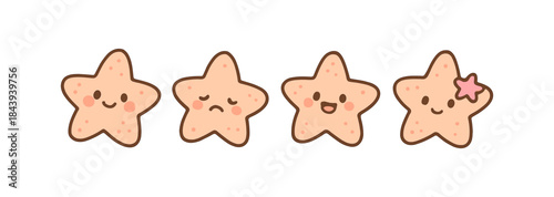 Cute kawaii star characters with different expressions on white background