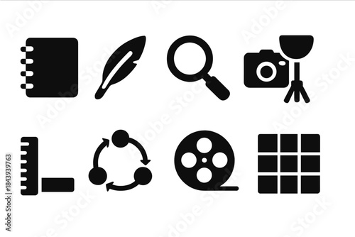 Scientific Observation Icons. Solid style icons of scientific observation and recording: notebook, quill, magnifying glass, camera