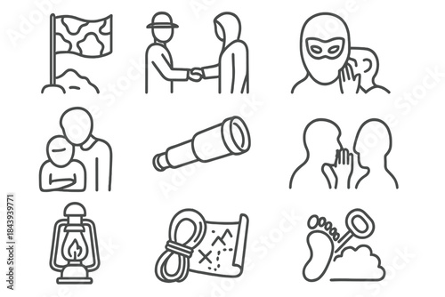 Covert Operation Icons. Line style icons of Covert Operation: Camouflaged Flag, Discreet Meeting, Handout, Oppressed Citizens;