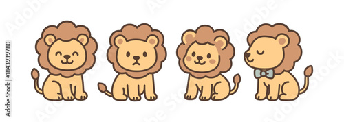 Cute cartoon lions with different expressions and outfits in a simple style