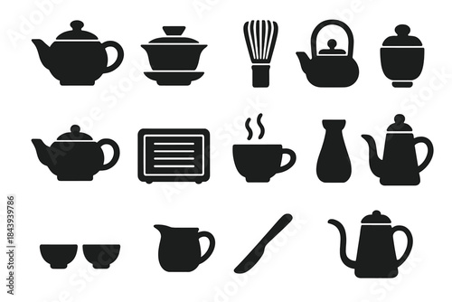 Tea Preparation Icons. Solid style icons of tea preparation culture: teapot, gaiwan cup, matcha whisk, tea bowl, clay pot, gongfu