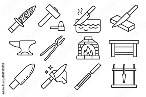 Blade Forging Icons. Line style icons of Blade Forging: Patterned Blade, Smithing Hammer, Oil Quench, Sharpening Stone; Anvil,