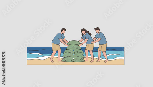 Volunteers on a sandy beach stacking bags filled with collected plastic waste with the ocean waves lapping at their feet.