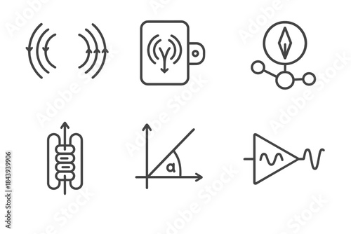 Magnetic Field Icons. Line style icons of Magnetic Field Sensing: magnetic vector lines, field detection sensor, compass over