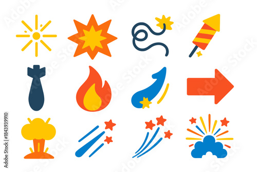 Combustion Icon Set. Flat vector icons of combustion pyrotechnics: spark, explosion, fuse, rocket, mortar shell, flame, smoke