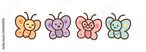 Cute cartoon butterflies with smiling faces in pastel colors